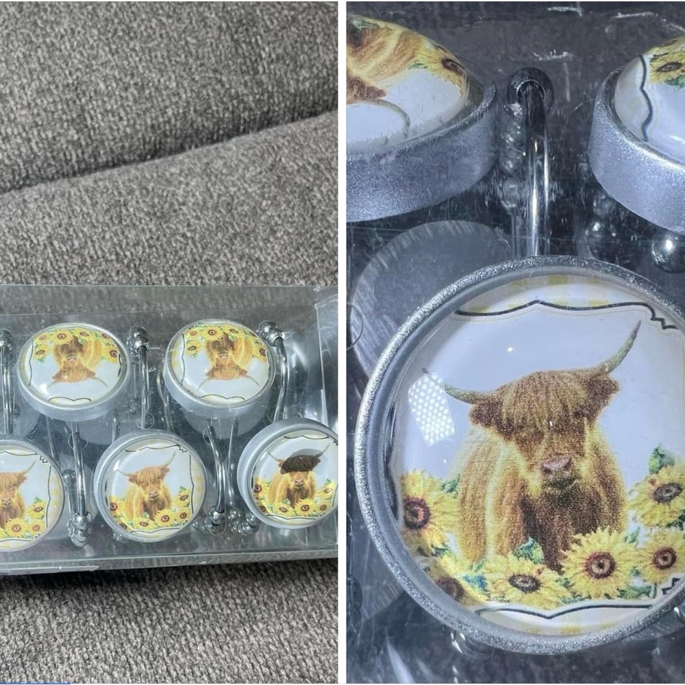 Shower Curtain Hooks Set of 12 Farm Cow with Sunflowers